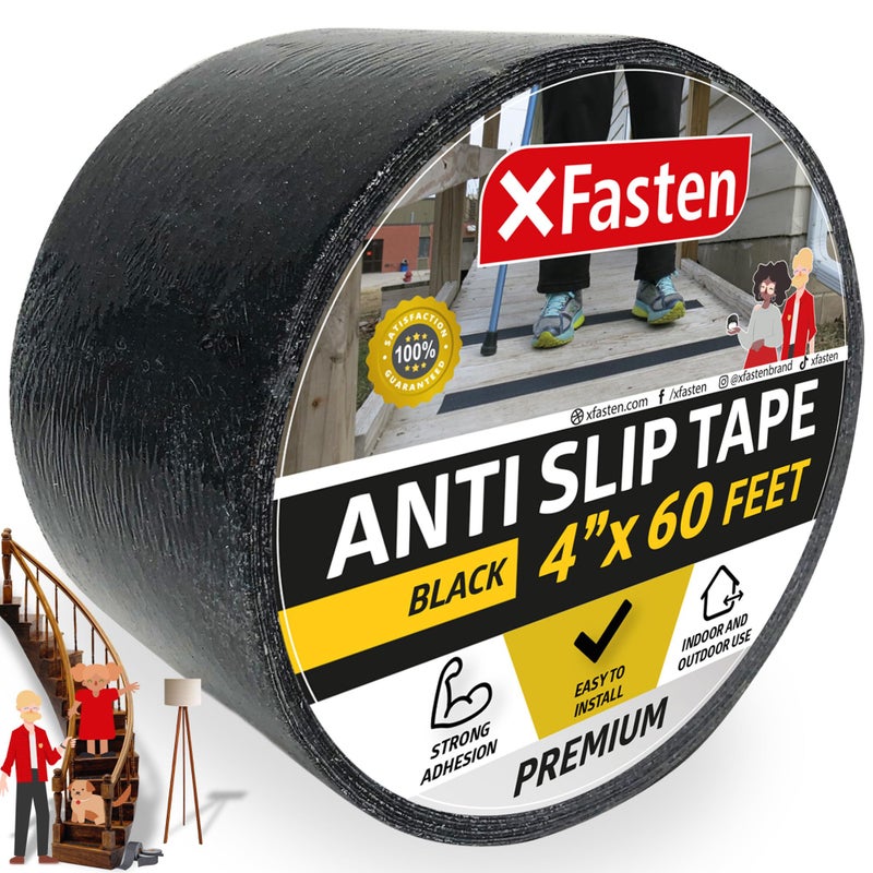 XFasten شريط XFasten المضاد للانزلاق للسلالم، أسود 4 بوصات × 60 قدم، مقابض سلالم غير قابلة للانزلاق، شريط مضاد للانزلاق للخطوات في الهواء الطلق، شريط تدرج السلم - Image 1